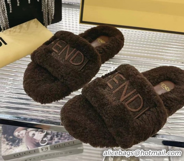 Best Grade Fendi Flat Slides Sandal in Shearling Wool Dark Brown 2025 FE103002 1030012