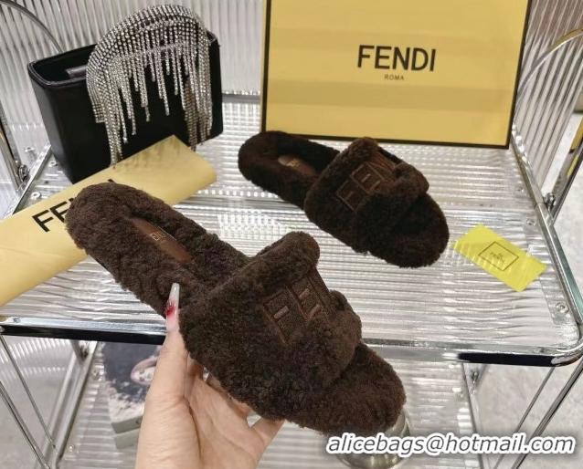 Best Grade Fendi Flat Slides Sandal in Shearling Wool Dark Brown 2025 FE103002 1030012