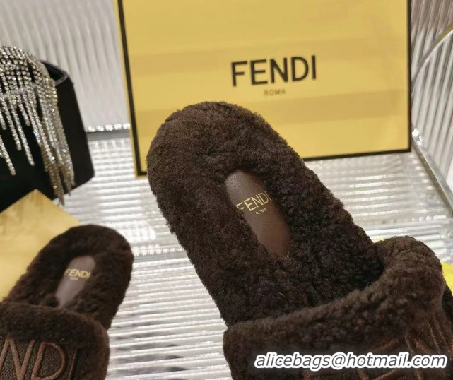 Best Grade Fendi Flat Slides Sandal in Shearling Wool Dark Brown 2025 FE103002 1030012
