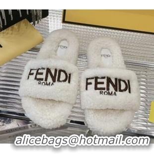 Buy Luxury Fendi Flat Slides Sandal in Shearling Wool White 2025 FE103002 1030013