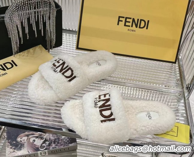 Buy Luxury Fendi Flat Slides Sandal in Shearling Wool White 2025 FE103002 1030013