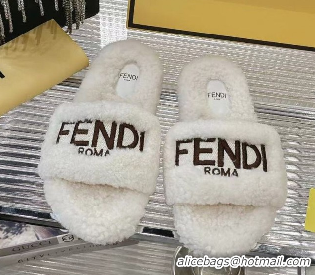 Buy Luxury Fendi Flat Slides Sandal in Shearling Wool White 2025 FE103002 1030013