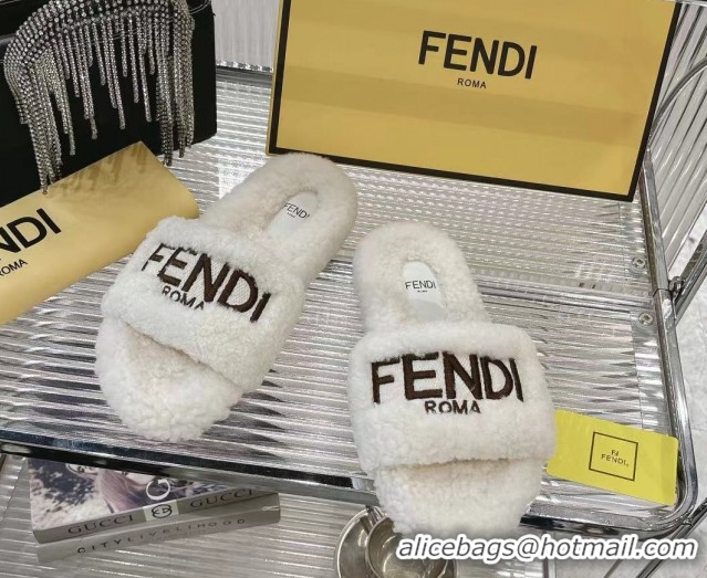 Buy Luxury Fendi Flat Slides Sandal in Shearling Wool White 2025 FE103002 1030013