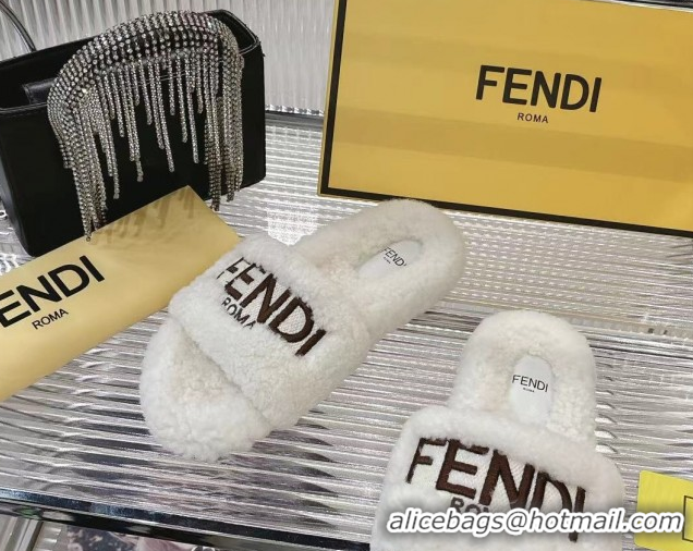 Buy Luxury Fendi Flat Slides Sandal in Shearling Wool White 2025 FE103002 1030013