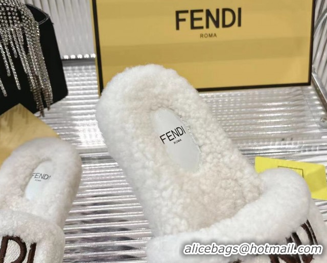 Buy Luxury Fendi Flat Slides Sandal in Shearling Wool White 2025 FE103002 1030013