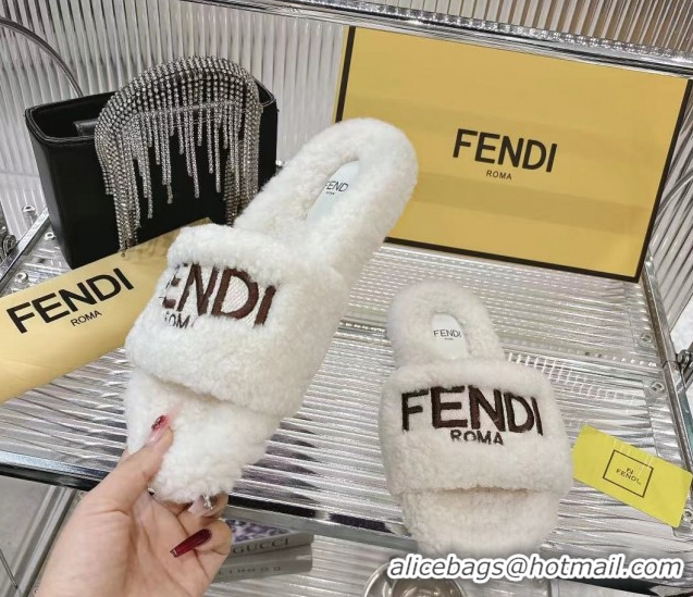 Buy Luxury Fendi Flat Slides Sandal in Shearling Wool White 2025 FE103002 1030013