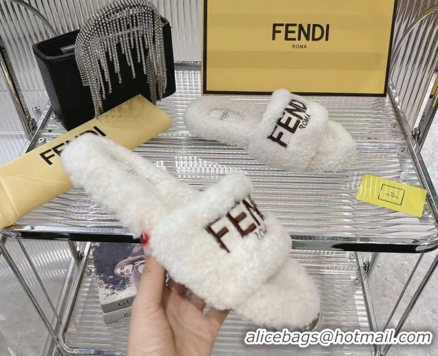 Buy Luxury Fendi Flat Slides Sandal in Shearling Wool White 2025 FE103002 1030013