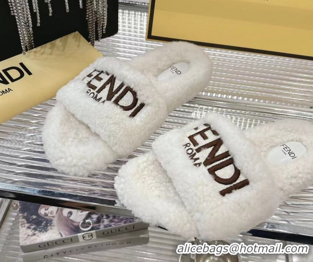 Buy Luxury Fendi Flat Slides Sandal in Shearling Wool White 2025 FE103002 1030013