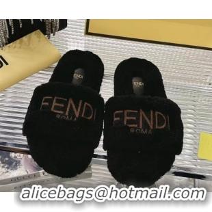 Cheap Price Fendi Flat Slides Sandal in Shearling Wool Black 1030014