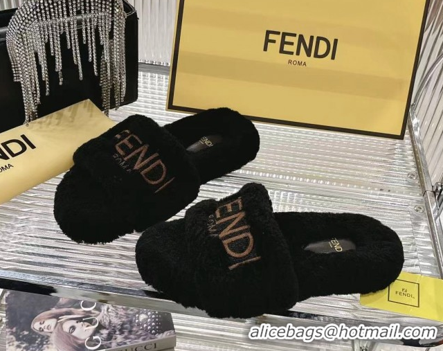 Cheap Price Fendi Flat Slides Sandal in Shearling Wool Black 1030014