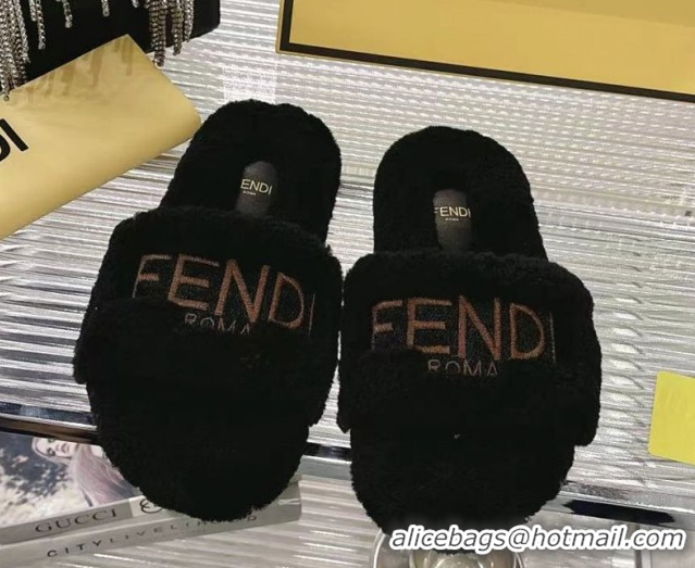 Cheap Price Fendi Flat Slides Sandal in Shearling Wool Black 1030014