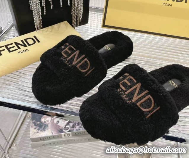 Cheap Price Fendi Flat Slides Sandal in Shearling Wool Black 1030014