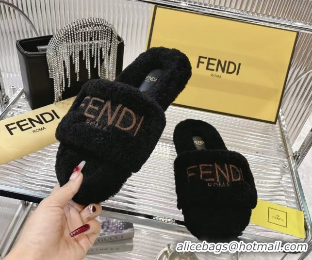 Cheap Price Fendi Flat Slides Sandal in Shearling Wool Black 1030014