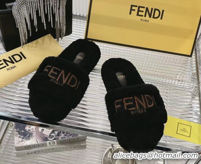 Cheap Price Fendi Flat Slides Sandal in Shearling Wool Black 1030014