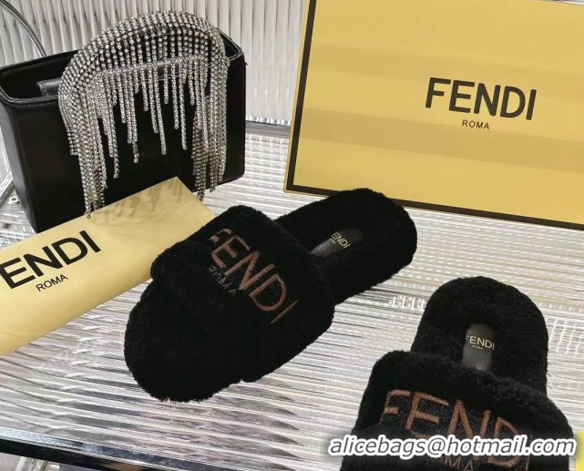 Cheap Price Fendi Flat Slides Sandal in Shearling Wool Black 1030014