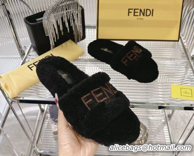 Cheap Price Fendi Flat Slides Sandal in Shearling Wool Black 1030014