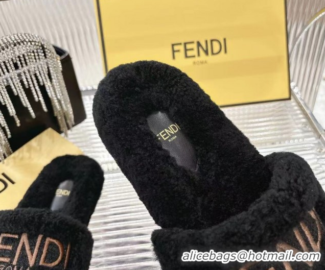 Cheap Price Fendi Flat Slides Sandal in Shearling Wool Black 1030014