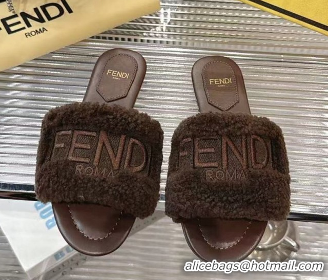 Top Design Fendi Flat Slides Sandal in Shearling Wool Dark Brown 2025 FE103003 1030015