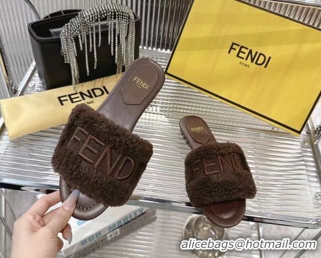 Top Design Fendi Flat Slides Sandal in Shearling Wool Dark Brown 2025 FE103003 1030015