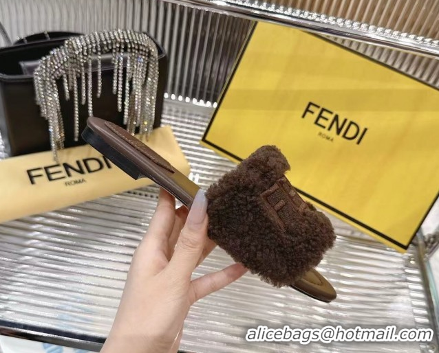 Top Design Fendi Flat Slides Sandal in Shearling Wool Dark Brown 2025 FE103003 1030015