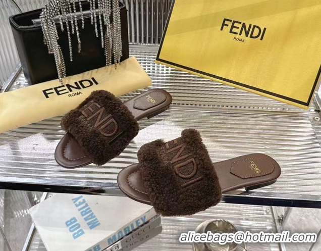 Top Design Fendi Flat Slides Sandal in Shearling Wool Dark Brown 2025 FE103003 1030015
