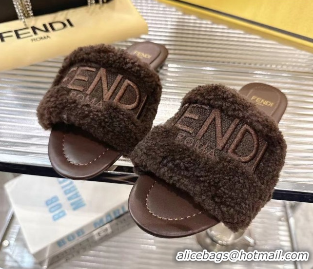Top Design Fendi Flat Slides Sandal in Shearling Wool Dark Brown 2025 FE103003 1030015