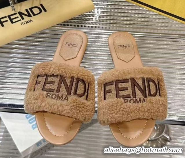 Lower PriceFendi Flat Slides Sandal in Shearling Wool Beige 2025 FE103003 1030016