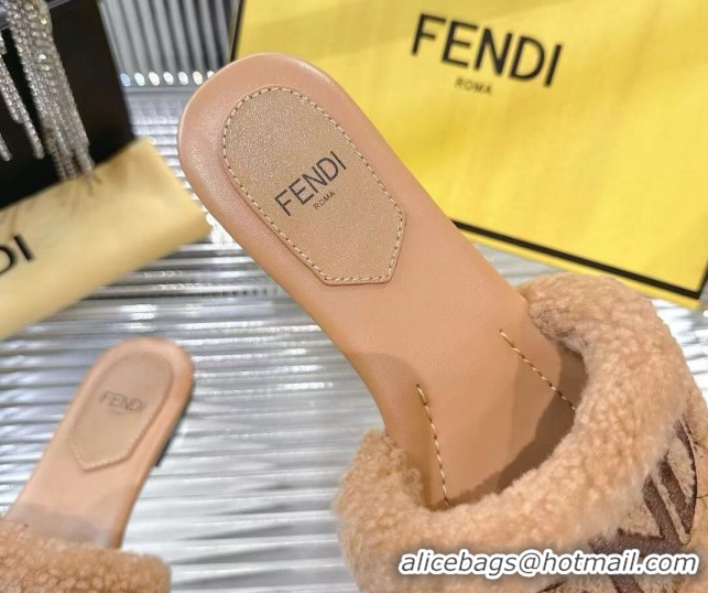 Lower PriceFendi Flat Slides Sandal in Shearling Wool Beige 2025 FE103003 1030016