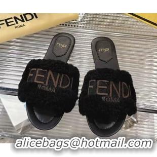 Popular Style Fendi Flat Slides Sandal in Shearling Wool Black 2025 FE103003 1030017