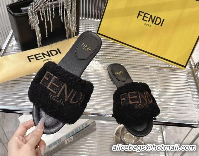 Popular Style Fendi Flat Slides Sandal in Shearling Wool Black 2025 FE103003 1030017