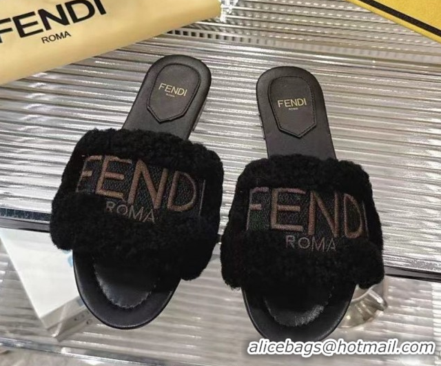 Popular Style Fendi Flat Slides Sandal in Shearling Wool Black 2025 FE103003 1030017