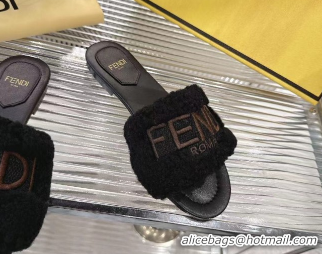 Popular Style Fendi Flat Slides Sandal in Shearling Wool Black 2025 FE103003 1030017