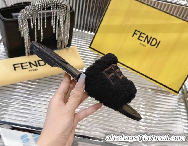 Popular Style Fendi Flat Slides Sandal in Shearling Wool Black 2025 FE103003 1030017