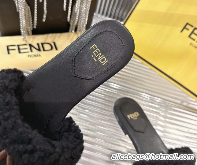 Popular Style Fendi Flat Slides Sandal in Shearling Wool Black 2025 FE103003 1030017
