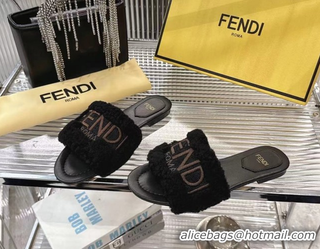 Popular Style Fendi Flat Slides Sandal in Shearling Wool Black 2025 FE103003 1030017