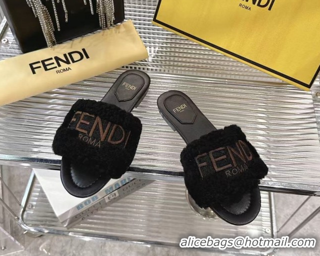 Popular Style Fendi Flat Slides Sandal in Shearling Wool Black 2025 FE103003 1030017