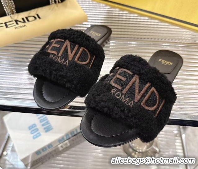 Popular Style Fendi Flat Slides Sandal in Shearling Wool Black 2025 FE103003 1030017