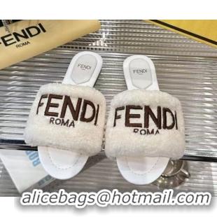 Top Grade Fendi Flat Slides Sandal in Shearling Wool White 2025 FE103003 1030018