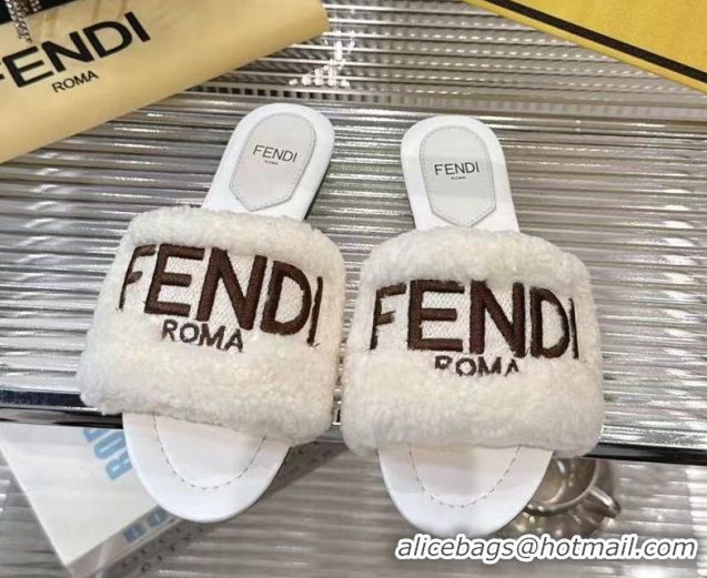 Top Grade Fendi Flat Slides Sandal in Shearling Wool White 2025 FE103003 1030018