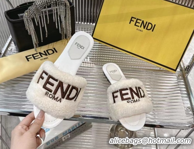 Top Grade Fendi Flat Slides Sandal in Shearling Wool White 2025 FE103003 1030018
