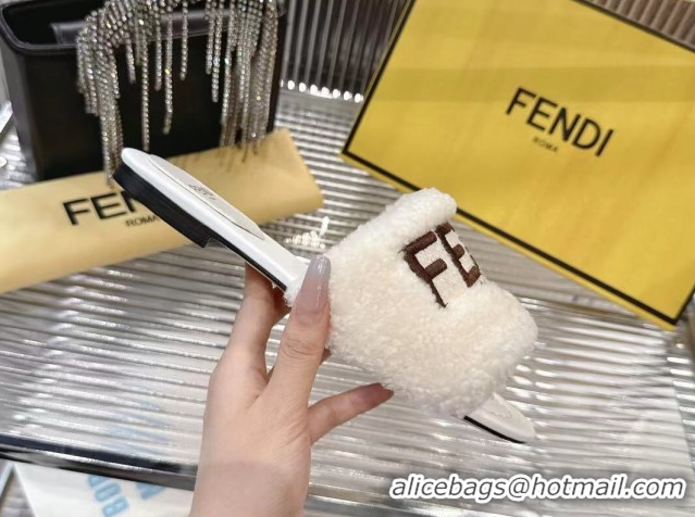 Top Grade Fendi Flat Slides Sandal in Shearling Wool White 2025 FE103003 1030018
