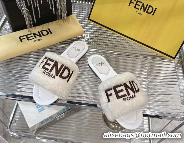 Top Grade Fendi Flat Slides Sandal in Shearling Wool White 2025 FE103003 1030018