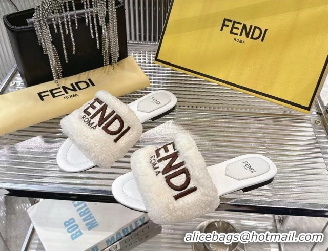 Top Grade Fendi Flat Slides Sandal in Shearling Wool White 2025 FE103003 1030018