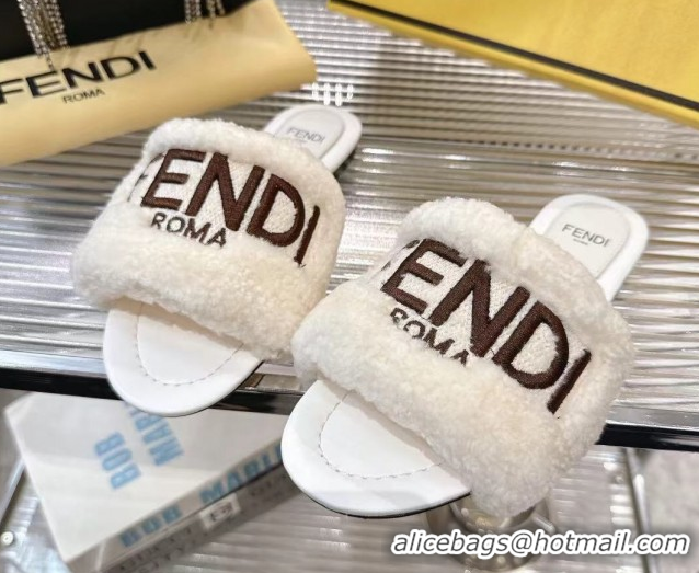 Top Grade Fendi Flat Slides Sandal in Shearling Wool White 2025 FE103003 1030018