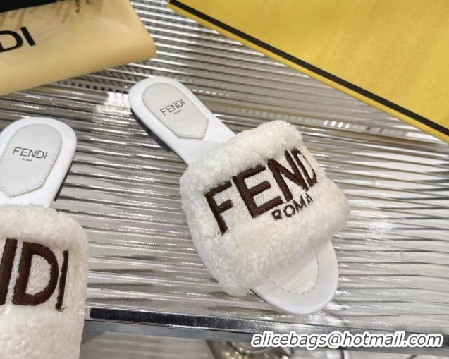 Top Grade Fendi Flat Slides Sandal in Shearling Wool White 2025 FE103003 1030018