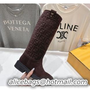 Best Product Fendi Filo Flat High Boots in FF Suede Dark Brown 2025 FE103004 1030019