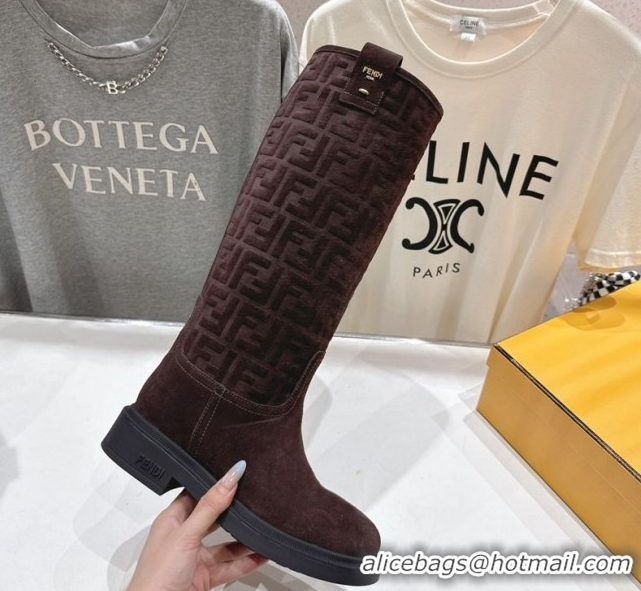Best Product Fendi Filo Flat High Boots in FF Suede Dark Brown 2025 FE103004 1030019