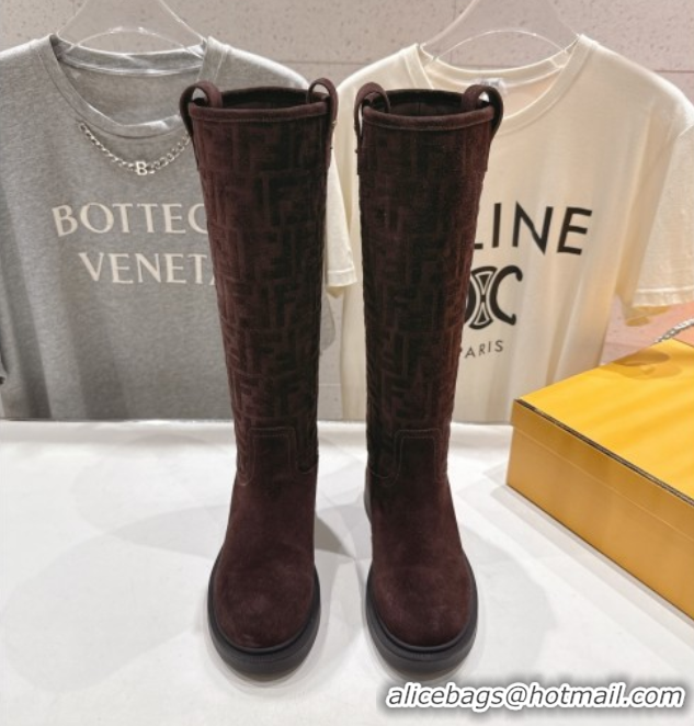 Best Product Fendi Filo Flat High Boots in FF Suede Dark Brown 2025 FE103004 1030019