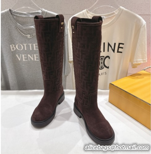Best Product Fendi Filo Flat High Boots in FF Suede Dark Brown 2025 FE103004 1030019