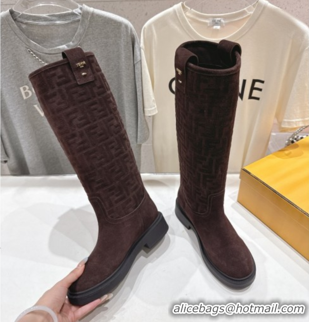 Best Product Fendi Filo Flat High Boots in FF Suede Dark Brown 2025 FE103004 1030019